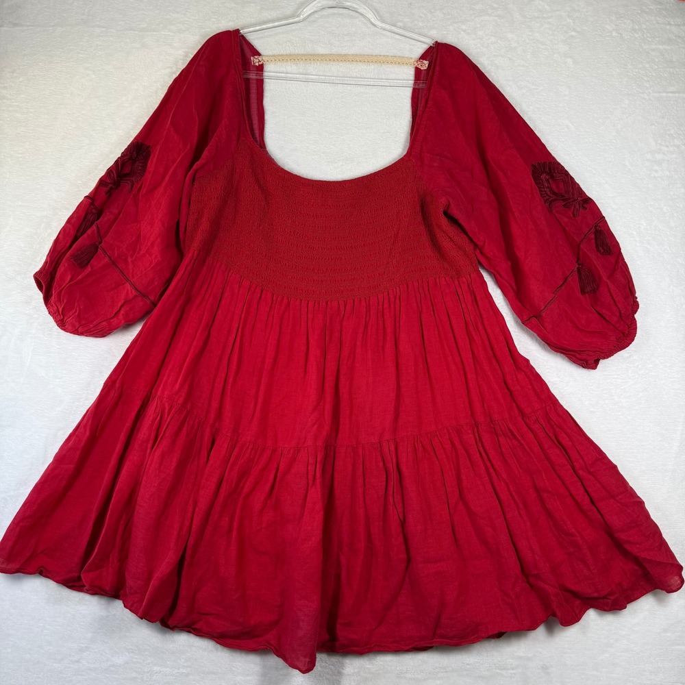 Sachin & Babi Red 100% Linen Smocked Tiered Mini Dress Embroidered Tassels L